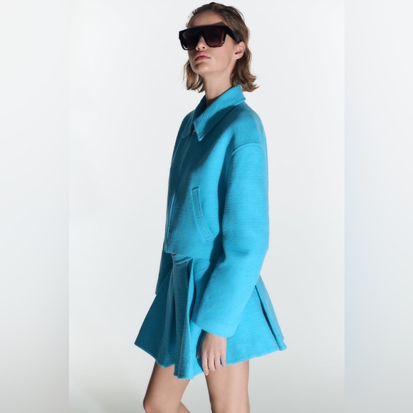 Zara Set - Sky Blue Crop Textured Bomber & Mini Skirt - Picture 11 of 17